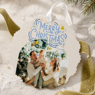 Merry Christmas Blue Typography Arched Photo  Ornament Card