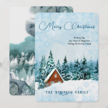 Merry Christmas Blue Watercolor Winter Scape