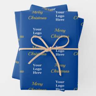 Merry Christmas Blue White Gold with Business Logo Wrapping Paper Sheet
