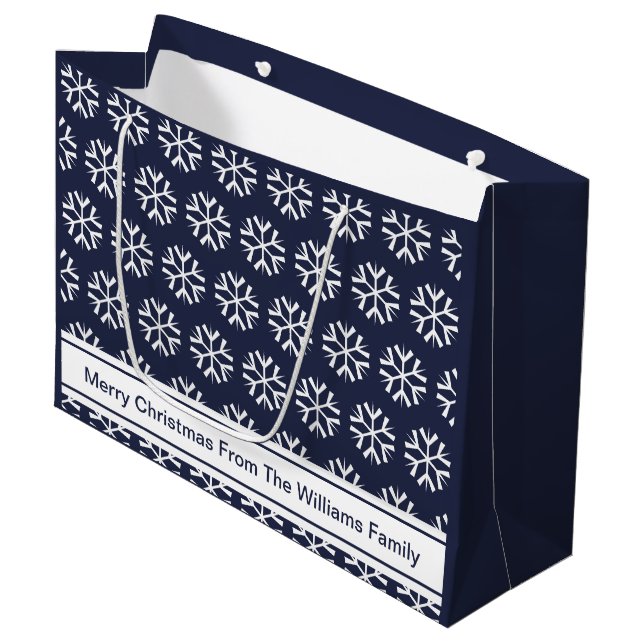 Merry Christmas Blue White Snowflakes From Name Large Gift Bag (Front Angled)