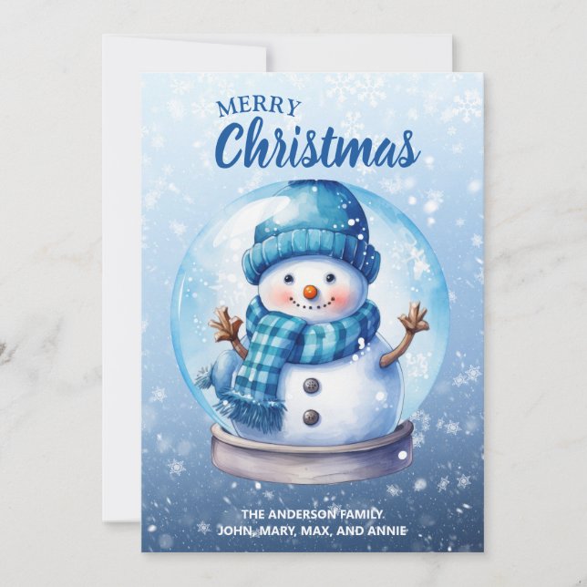 Merry Christmas Blue White Snowman Holiday Card (Front)
