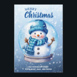 Merry Christmas Blue White Snowman Holiday Card<br><div class="desc">"Merry Christmas" customizable Christmas greeting card with a cute snowman inside a snow globe on a soft blue background. Personalize with your family name and any other text you choose. Contact me for assistance with your customizations or to request additional matching or coordinating Zazzle products.</div>