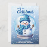 Merry Christmas Blue White Snowman Holiday Card<br><div class="desc">"Merry Christmas" customizable Christmas greeting card with a cute snowman inside a snow globe on a soft blue background. Personalize with your family name and any other text you choose. Contact me for assistance with your customizations or to request additional matching or coordinating Zazzle products.</div>