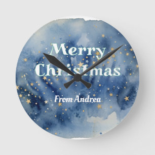 merry christmas blue white stars watercolor yellow round clock