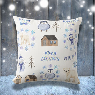 Merry Christmas Blue Winter Holiday Scene Throw Pillow