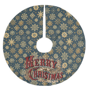 Merry Christmas Blue with Gold Snowflakes Brushed Polyester Tree Skirt