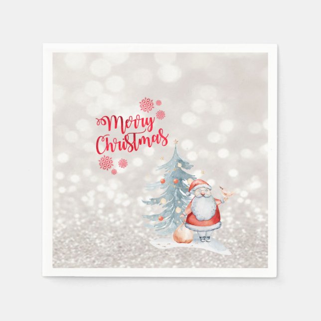 Merry Christmas, Bokeh,Santa Claus,Pine Tree Napkin (Front)