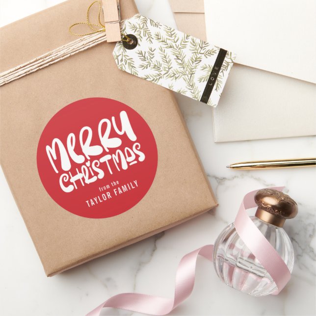 Merry Christmas Bold Modern Text Personalized Classic Round Sticker (Gifting)