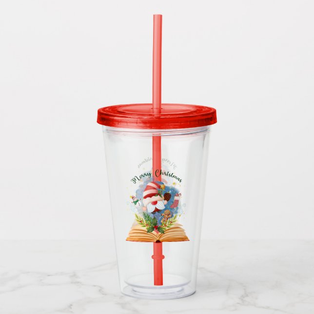 Merry Christmas Booklovers Santa Fun Festive Acrylic Tumbler (Front)