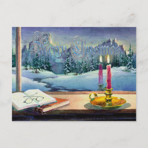 MERRY CHRISTMAS BOOKS & CANDLE  by SHARON SHARPE Holiday Postcard