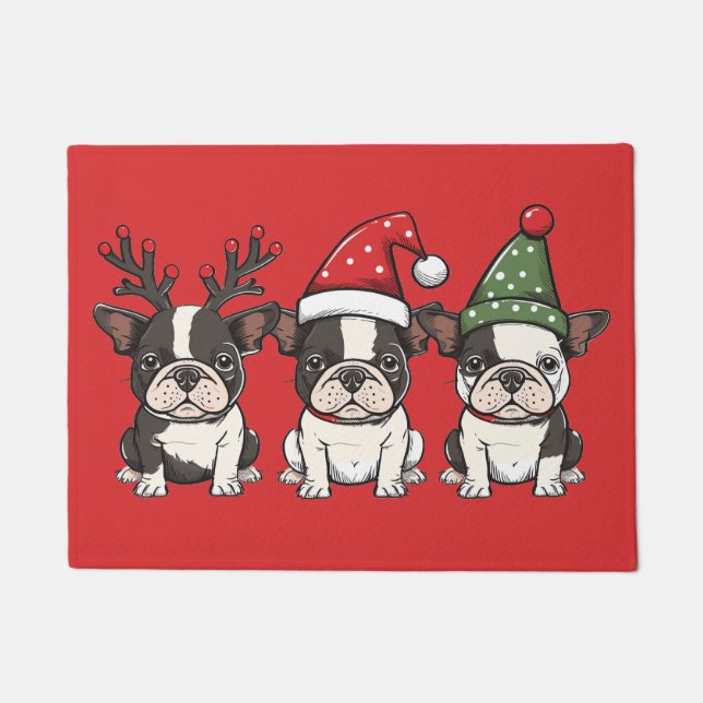 Merry Christmas Boston Terrier Dogs Doormat (Front)