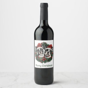 Merry Christmas Boston Terrier Dogs Holiday Wreath Wine Label