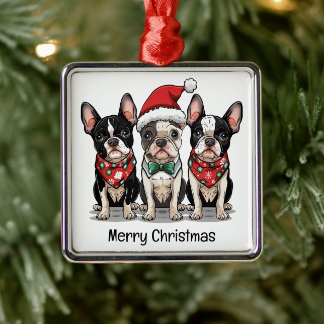 Merry Christmas Boston Terrier Dogs Metal Ornament (Tree)