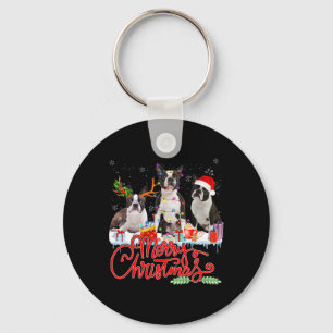 Merry Christmas Boston Terrier Santa Reindeer Ligh Keychain