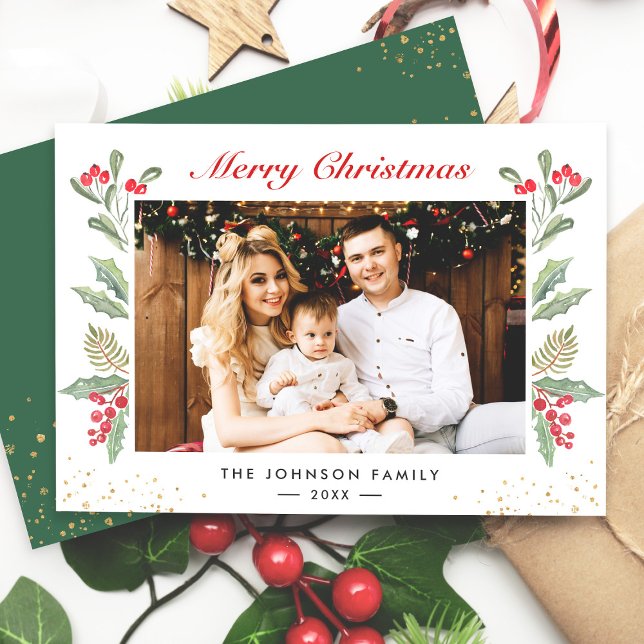 Merry Christmas Botanical Berries Foliage Photo Holiday Card (Creator Uploaded)