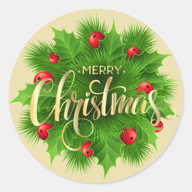 Merry Christmas Botanical Design – Elegant Holiday Classic Round Sticker (Front)