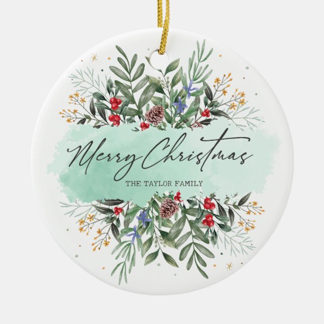 Merry Christmas Botanical Floral  Ceramic Ornament (Front)