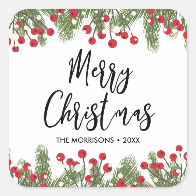 Merry Christmas Botanical Pine & Berry Custom Square Sticker (Front)