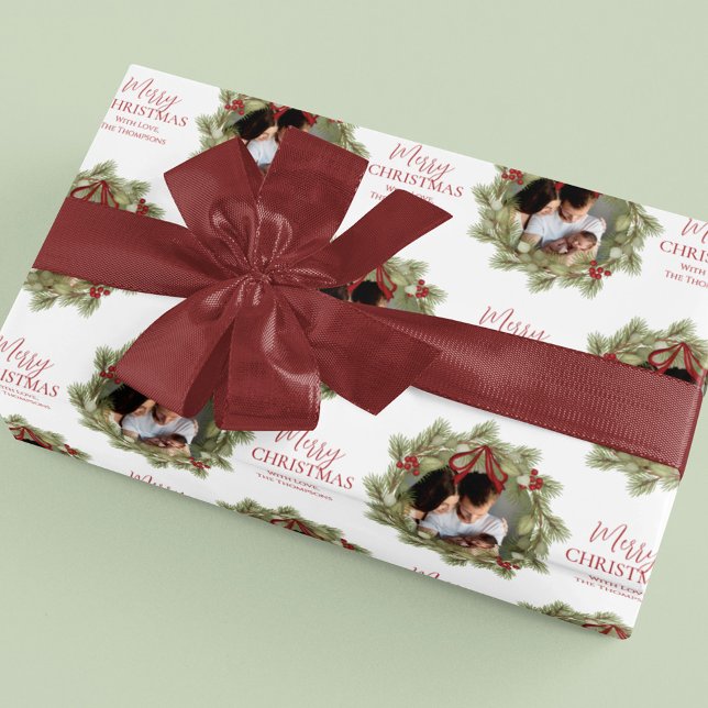 Merry Christmas Botanical Winter Holiday Wreath Wrapping Paper (Merry Christmas holiday greenery photo wreath wrapping paper)