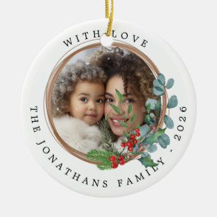 Merry Christmas Botanical Wreath Photo Ceramic Ornament