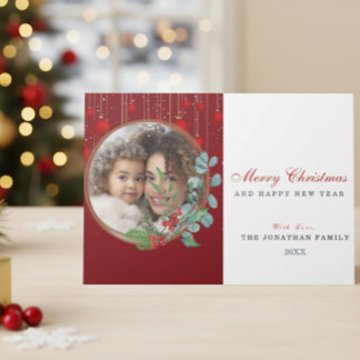 Merry Christmas Botanical Wreath Photo  Holiday Card