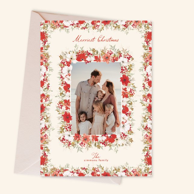 merry christmas botanicals red elegant photo frame holiday card (Creator Uploaded)
