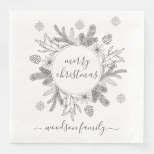 Merry Christmas Boughs Pine Holly Wreath  Napkin