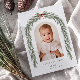 Merry Christmas Bow and Botanical Pine Arch Photo Holiday Card
