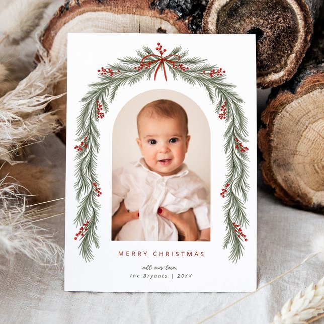 Merry Christmas Bow Berries Pine Branch Arch Photo Holiday Card (Creator Uploaded)