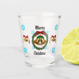 Merry Christmas Bow, Wreath, Bells, and Snowflakes Shot Glass