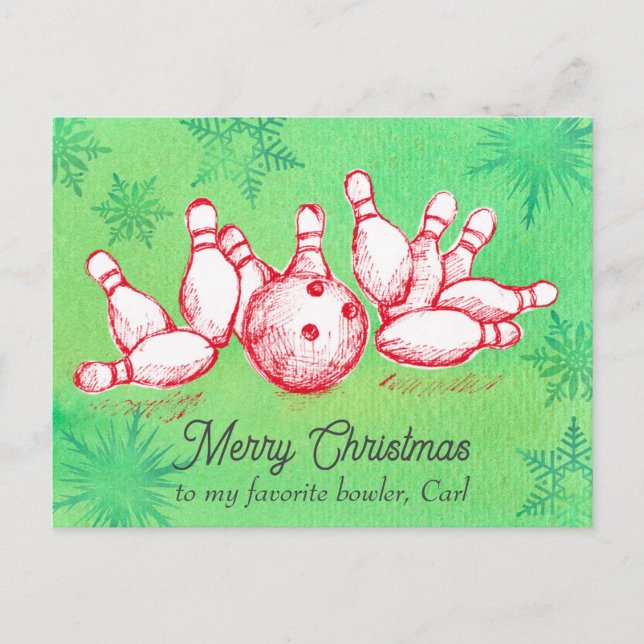 Merry Christmas Bowling Ball Pins Personalized Holiday Postcard (Front)