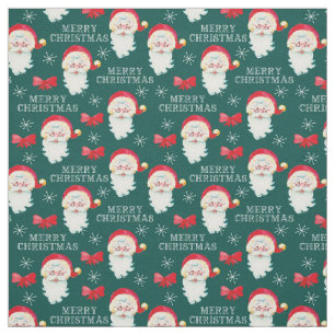 Merry Christmas Bows and Santa Claus Teal Fabric