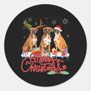 Merry Christmas Boxer Dog Santa Reindeer Light Xma Classic Round Sticker