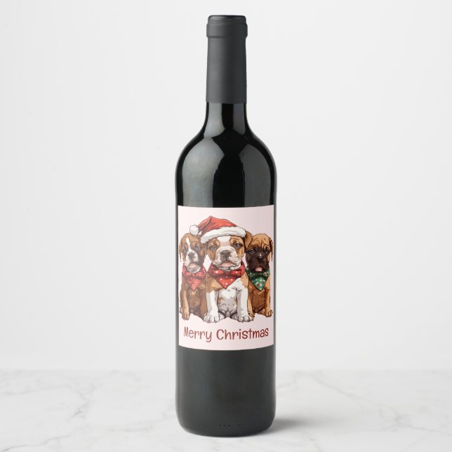 Merry Christmas Boxer Dogs Wine Label (Front)