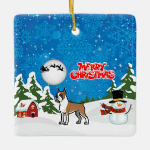 Merry Christmas Boxer With A Snowman And Santa Ceramic Ornament