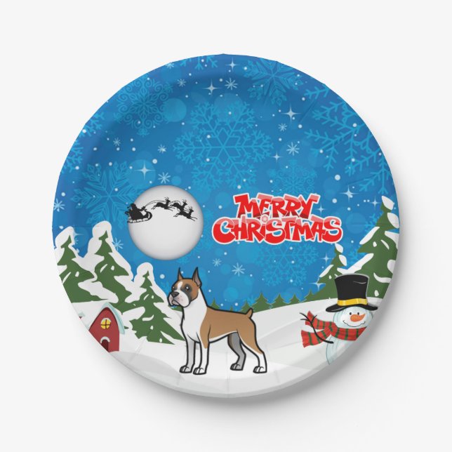 Merry Christmas Boxer With A Snowman And Santa Paper Plate (Front)
