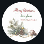 Merry Christmas,Branches,Pine Cones Classic Round Sticker<br><div class="desc">Pine tree branches,  pine cones and balls on a white background.</div>
