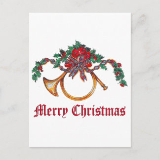 Merry Christmas - Brass Horn and Holly and Ribbon Holiday Postcard