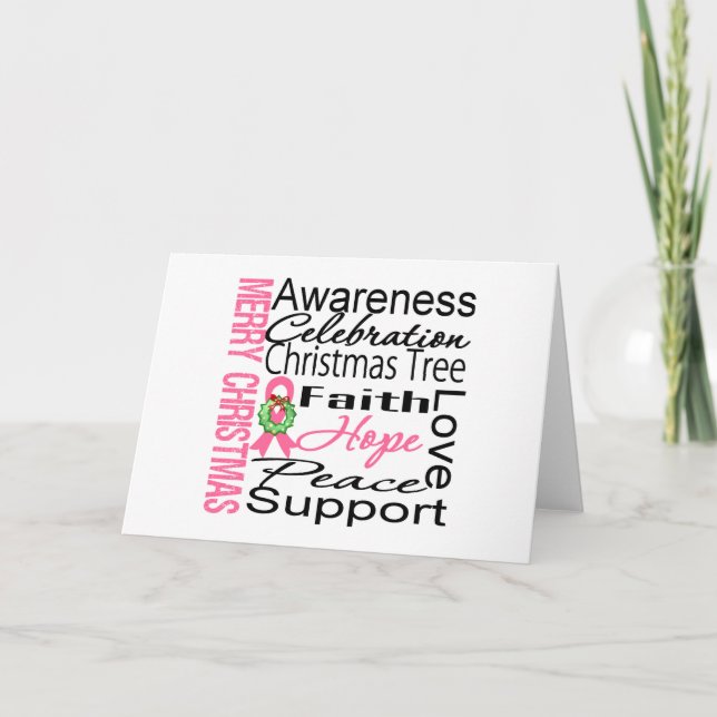 Merry Christmas Breast Cancer Ribbon Collage Holiday Card (Front)