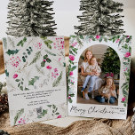 Merry Christmas Bright Pink Greenery Arch 1 Photo Holiday Card<br><div class="desc">This collection features watercolor bright pink florals,  berries & winter greenery with modern & elegant typography,  with a winter botanical pattern back.</div>