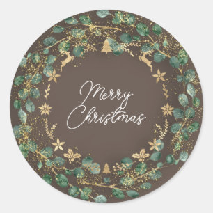 Merry Christmas Brown Green Wreath Woodland Gold Classic Round Sticker