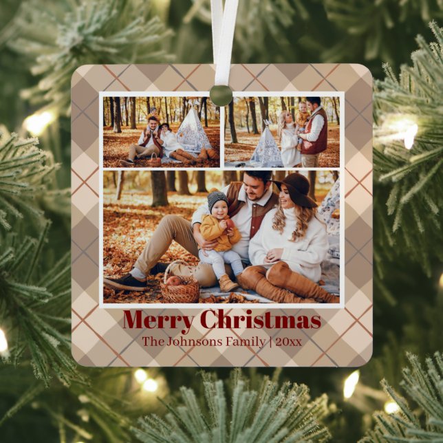 merry christmas brown plaid 3 family photos    metal ornament (Insitu)