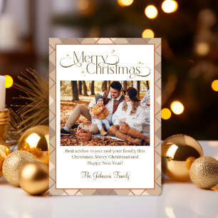 merry christmas brown tartan family photo chic holiday card