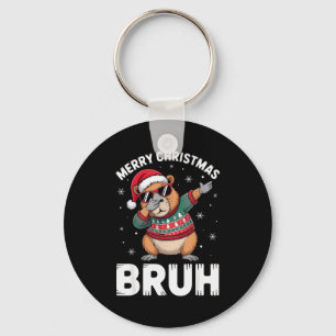 Merry Christmas Bruh Capybara Dabbing Santa Hat Xm Keychain