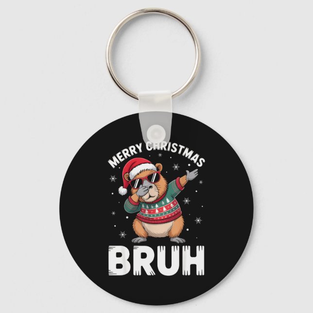 Merry Christmas Bruh Capybara Dabbing Santa Hat Xm Keychain (Front)