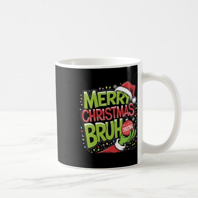 Merry Christmas Bruh Green Hand Santa Hat Xmas Fam Coffee Mug (Right)