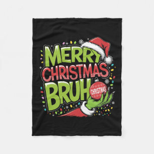 Merry Christmas Bruh Green Hand Santa Hat Xmas Fam Fleece Blanket