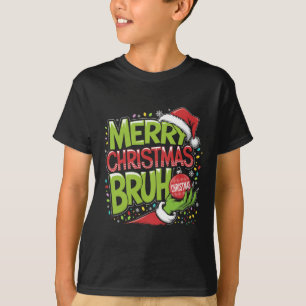 Merry Christmas Bruh Green Hand Santa Hat Xmas Fam T-Shirt