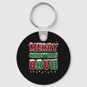Merry Christmas Bruh Red Green Plaid Xmas Lights F Keychain