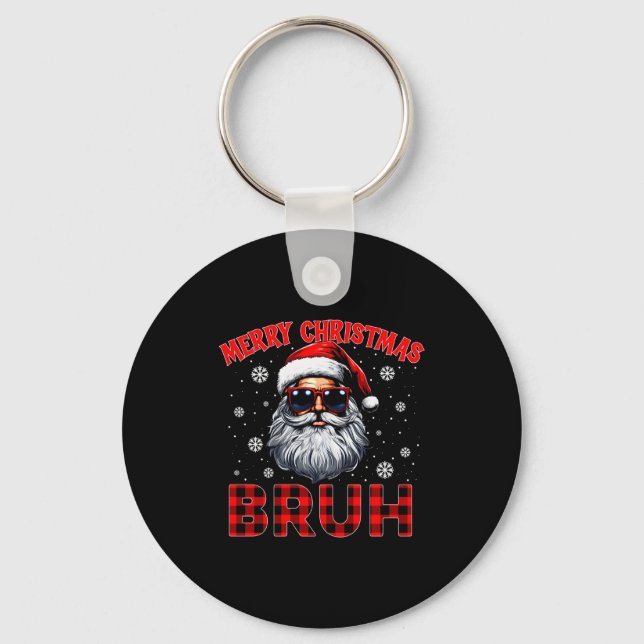 Merry Christmas Bruh Red Plaid Funny Santa Claus M Keychain (Front)